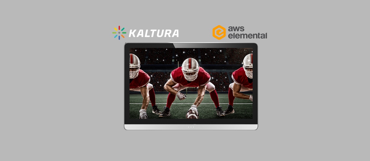 A digital tablet displaying a live football game, with logos of Kaltura and AWS Elemental above it.