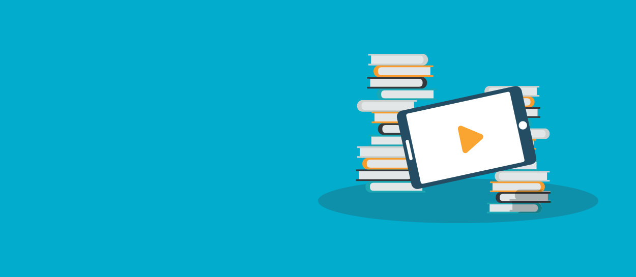 A tablet with a play button on its screen, illustrating the state of video in education in 2017, surrounded by stacks of books, set against a blue background.