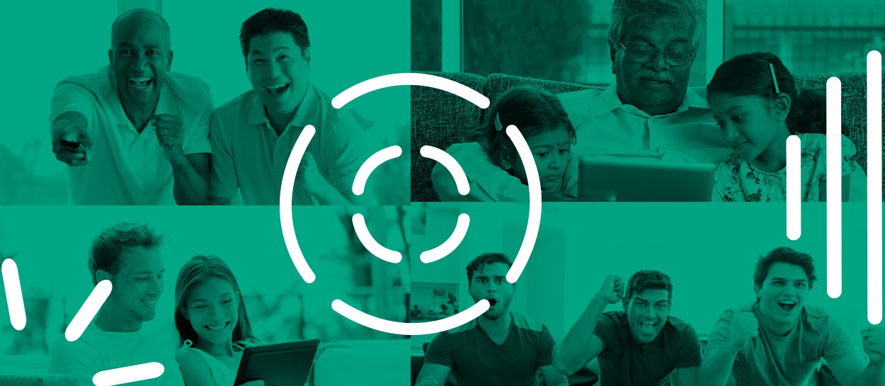 Collage of diverse people smiling and engaging with technology, framed by graphic lines and a central circular icon suggesting connectivity.