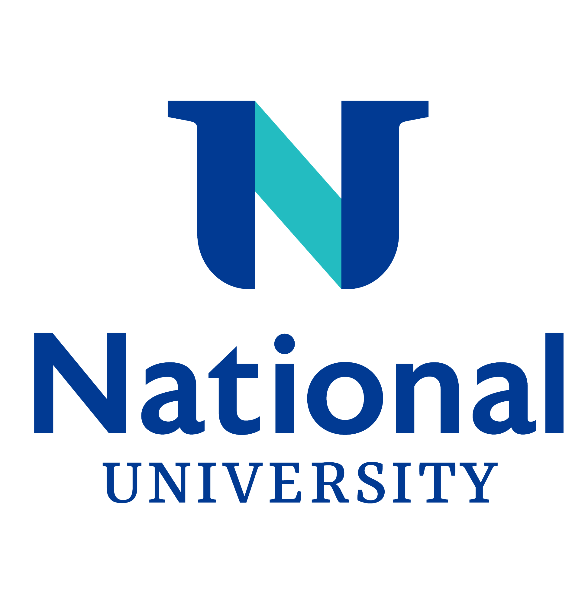 Logo of National University featuring a stylized letter "N" in blue and teal, with "National" in large blue text below and "University" in smaller blue text at the bottom, perfect for representing your institution in video case studies.