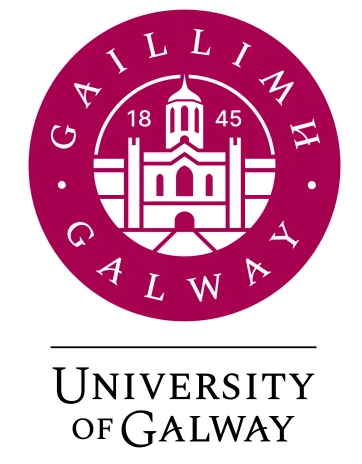 University of Galway logo featuring a maroon circular emblem with a building illustration, the year 1845, and "Gaillimh Galway" text, above the university name in black text. This iconic symbol is often displayed in video case studies highlighting the university's rich history and achievements.
