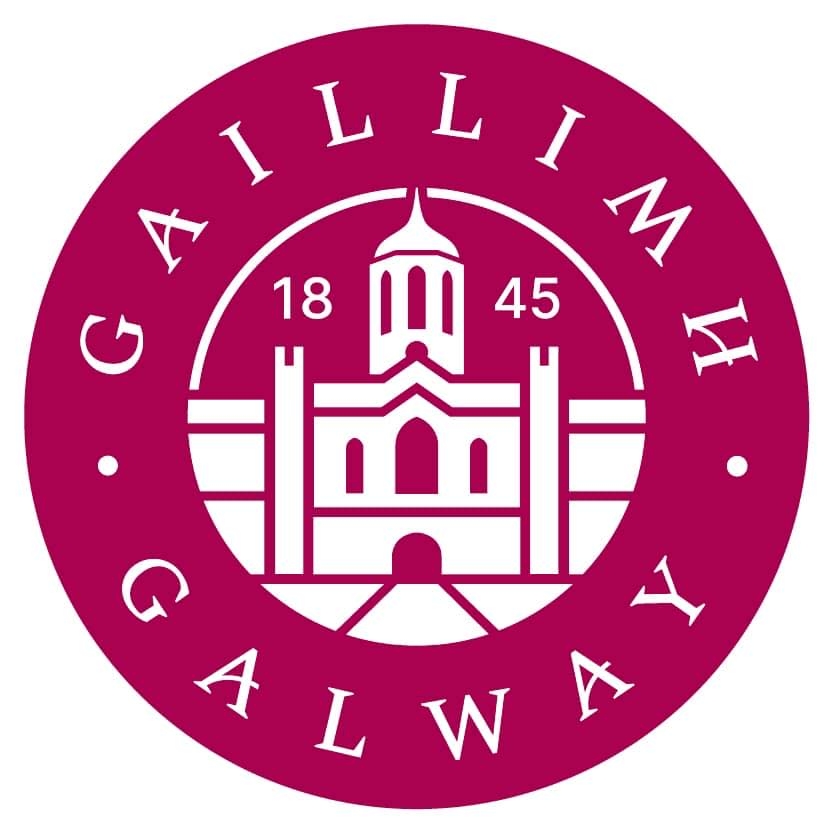 A circular logo featuring a stylized building with two towers and a central dome, flanked by "1845". Text around the circle reads "GAILLIMH GALWAY". The maroon and white design prominently enhances video case studies.