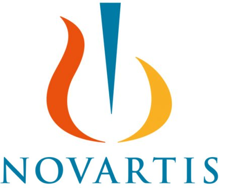 The image shows the Novartis logo, featuring a stylized design with blue, orange, and yellow elements above the word "Novartis" in blue capital letters, often seen in their video case studies.
