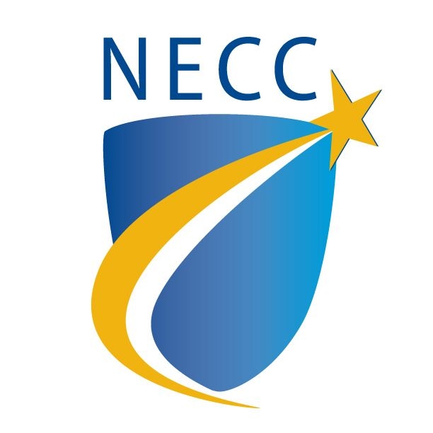 A blue shield with a yellow shooting star and a curved yellow and white trail, topped with the text "NECC".