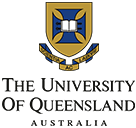 The logo of The University of Queensland, Australia, featuring a blue and gold shield with a book at the center and a ribbon with Latin words beneath, is prominently displayed in their video case studies.