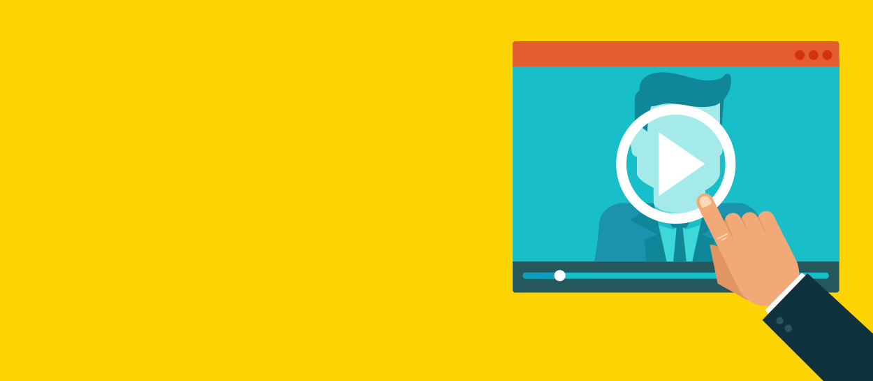 A vector illustration of a hand pointing to a play button on a video screen displaying a man in a suit, on a vibrant yellow background.