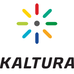 The Kaltura logo features a central black circle with colored lines radiating outwards in various colors, above the word "KALTURA" in bold, black text.
