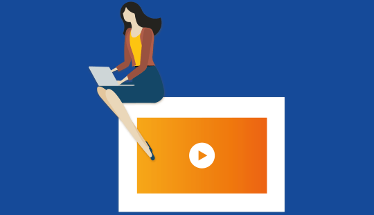 Illustration of a woman sitting on a large video play button, using a laptop. The background is blue.