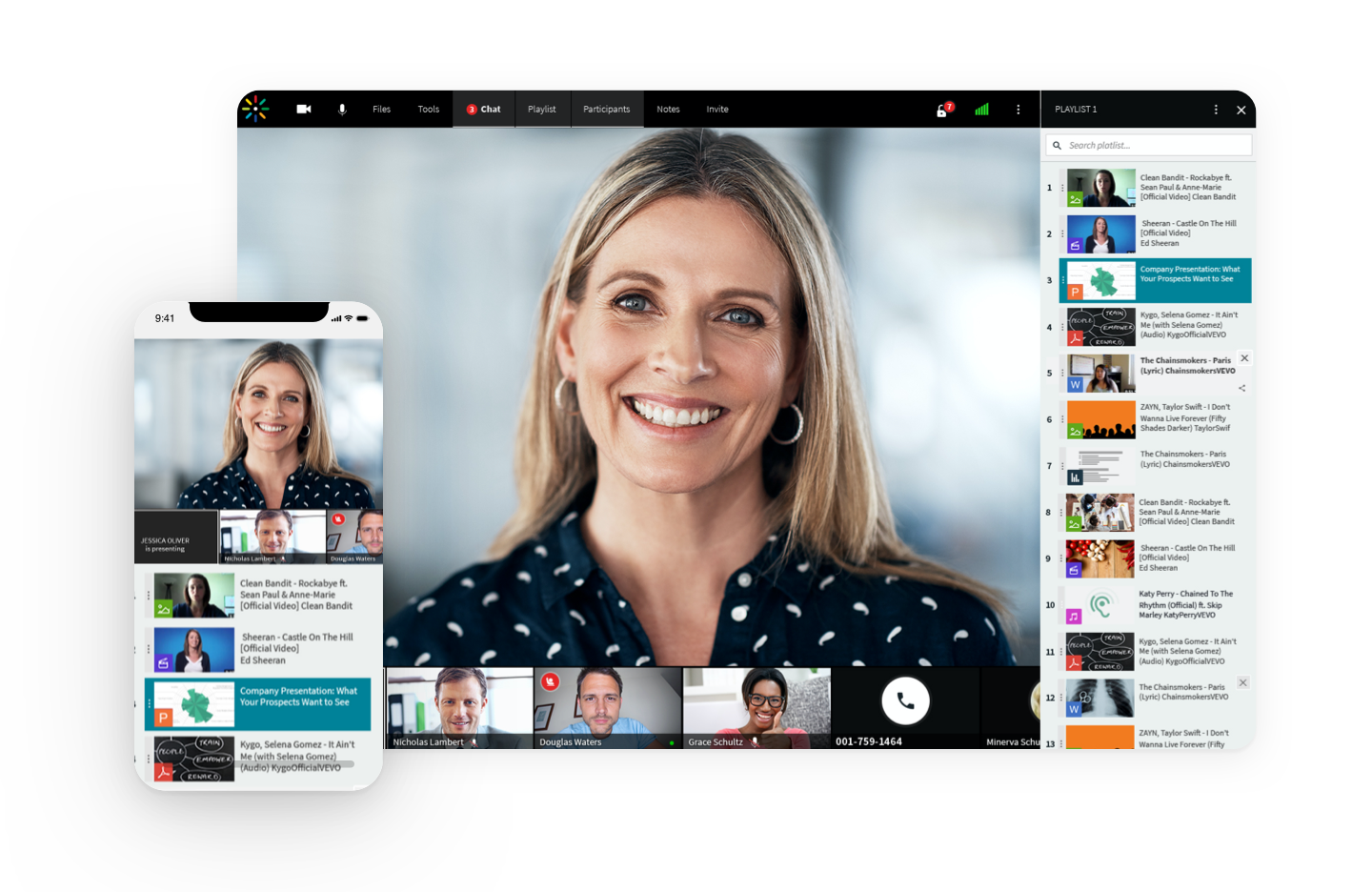 A woman with blonde hair is smiling during a video call on a computer screen, with a mobile phone displaying the same call in the foreground. A playlist for team learning is visible on the right side of the screen.