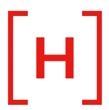A red capital letter "H" enclosed by two square brackets on a black background.