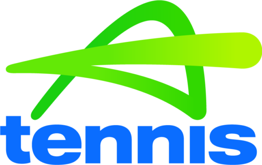 Green and yellow stylized design resembling a tennis swing above the word "tennis" written in blue.