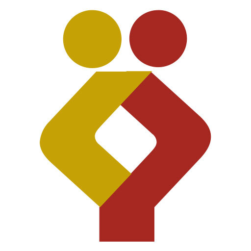 Abstract logo depicting two interlocking human-like figures, one in yellow and the other in red, forming a symmetrical design.