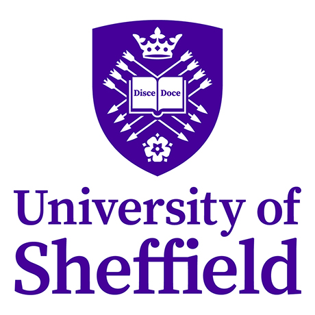 University of Sheffield logo featuring a purple shield with a crown, book, arrows, and a rose, above the text "University of Sheffield.