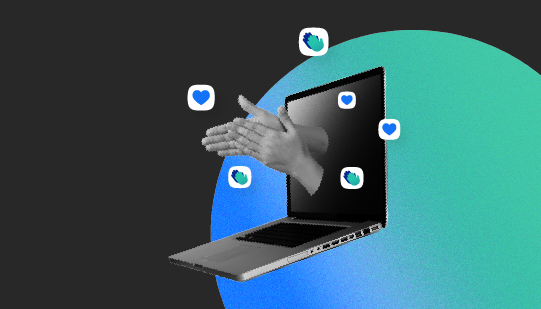 A laptop with hands emerging from the screen clapping, surrounded by heart and clapping icons on a gradient green and blue background.