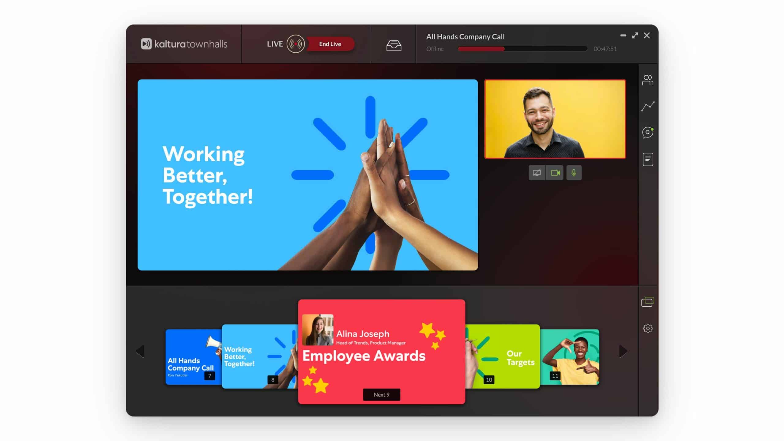 A virtual meeting screen displaying slides with "Working Better, Together!" and "Employee Awards" alongside a participant shown on a video call.