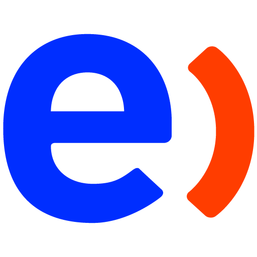 A blue lowercase "e" followed by a right-facing red parenthesis, reminiscent of video case studies.