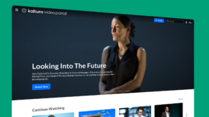 A screenshot of the Kaltura video portal homepage featuring a woman speaking, with the headline "Looking Into The Future" and a "Watch Now" button. Leveraging cutting-edge streaming technology, other video thumbnails are displayed below.