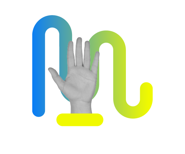 A grayscale hand with fingers spread is positioned in front of a colorful blue and green wavy line on a white background.