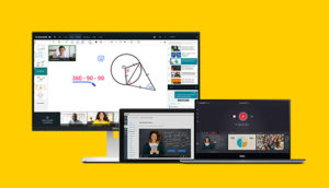 A computer monitor, laptop, and tablet displaying various educational content including a math lesson, a video lesson, and a video conference against a yellow background.