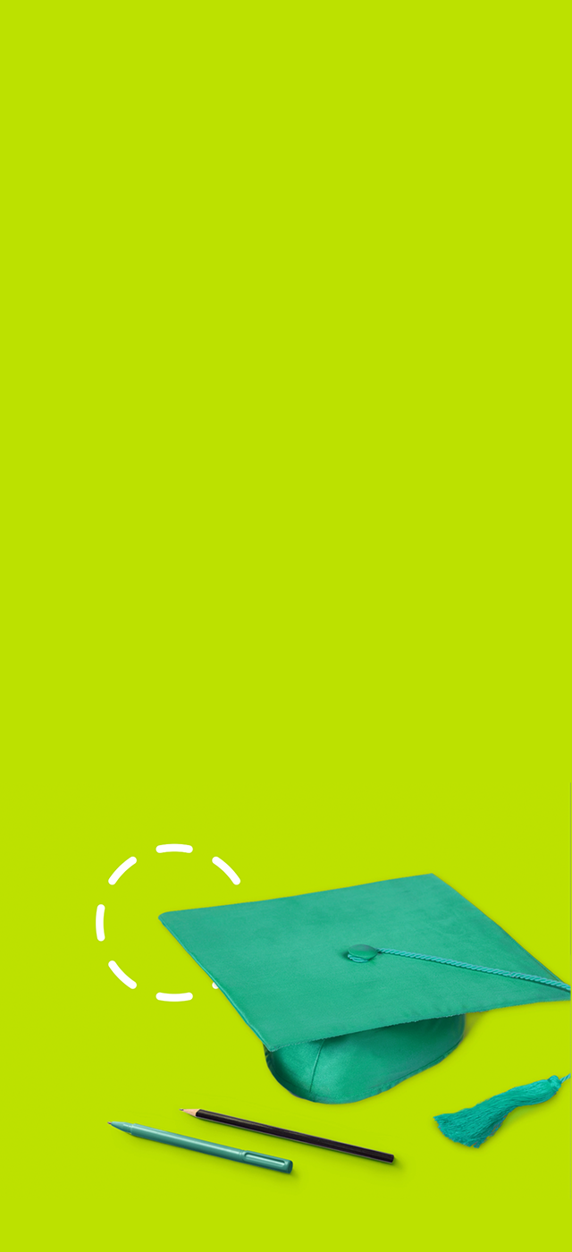 Green graduation cap with a tassel, accompanied by a green pencil and a black pen, set against a bright lime green background. Dotted white circle above the cap.