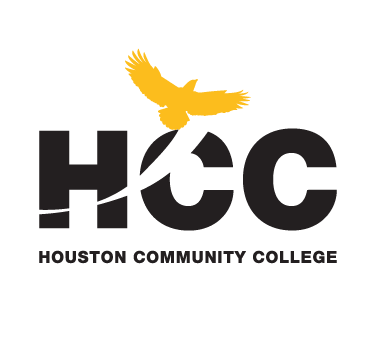 Houston Community College logo featuring "HCC" in bold letters with a yellow bird above the "O" and "Houston Community College" written below.