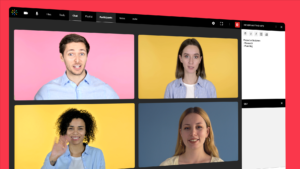 A video conference call is displayed with four participants on the screen, each in their own frame with different colored backgrounds: pink, yellow, orange, and blue.