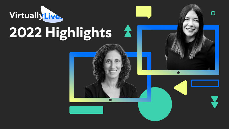 Graphic titled "VirtuallyLive 2022 Highlights" featuring two women inside monitor-shaped frames, with geometric shapes in the background.
