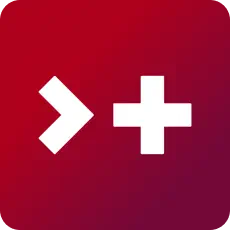 A red square with rounded corners, featuring a white arrowhead pointing right and a white plus sign.