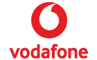 Vodafone logo featuring a red, circular symbol resembling a quotation mark above the text "vodafone" in lowercase red letters.