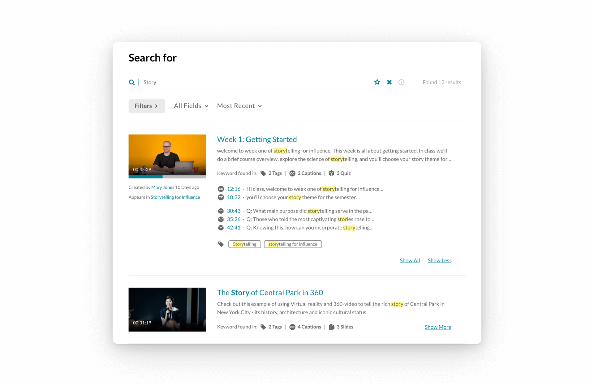 A search results page shows instructional videos, with the top result titled "Week 1: Getting Started" highlighting different sections, and the second result titled "The Story of Central Park in 360.
