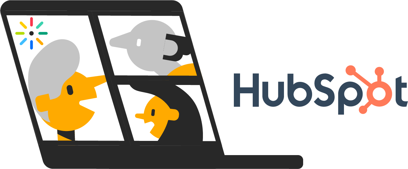 Illustration of a laptop screen with four stylized people in a virtual meeting alongside the HubSpot logo.