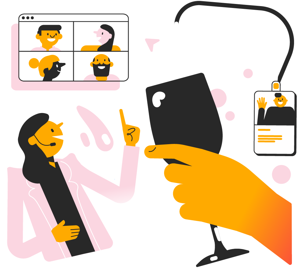 Illustration of a virtual toast. A person raises a wine glass while another person participates in a video call. A badge with a smiling face hangs nearby.