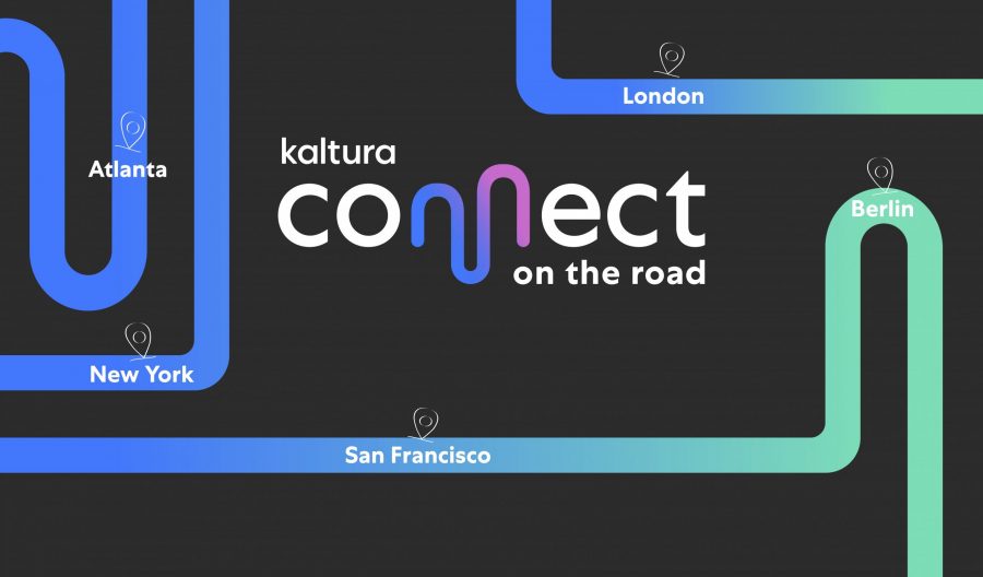 Illustration of Kaltura Connect on the Road event with paths connecting Atlanta, New York, San Francisco, London, and Berlin on a dark background.