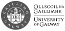 A circular emblem with the text "GAILLIMH GALWAY" surrounding an illustration of a building with a dome.