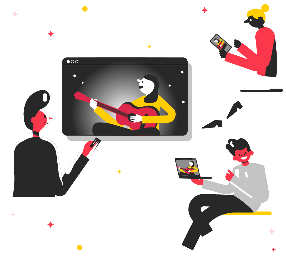 Illustration of three people virtually attending a guitar lesson. One watches a screen, another uses a tablet, and the third holds a laptop.