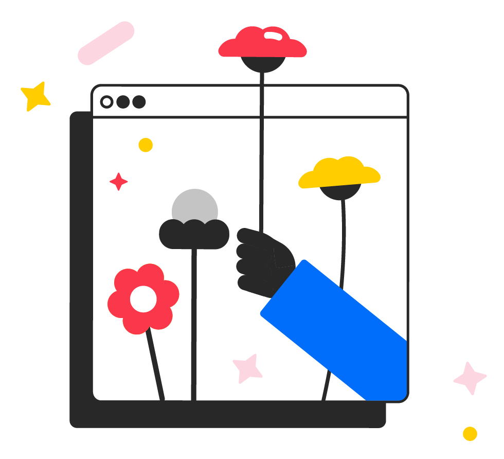 A hand extending from a computer window screen, holding a flower among various colored flowers. The background includes small star and oval shapes.