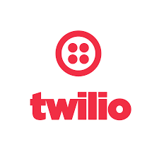 The image shows the Twilio logo, featuring a red icon with four dots inside a circle above the word "twilio" in lowercase red letters.