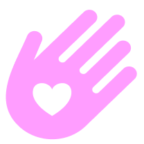 A pink hand icon with a white heart in the center of the palm.