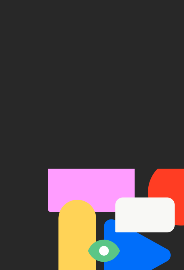 Abstract graphic with colorful geometric shapes including a pink rectangle, yellow rectangle, blue arrow, white speech bubble, red semicircle, and a green eye symbol on a black background.