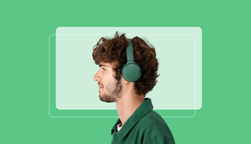 A person with curly hair wearing green headphones and a green shirt stands against a green background with overlapping translucent rectangles.