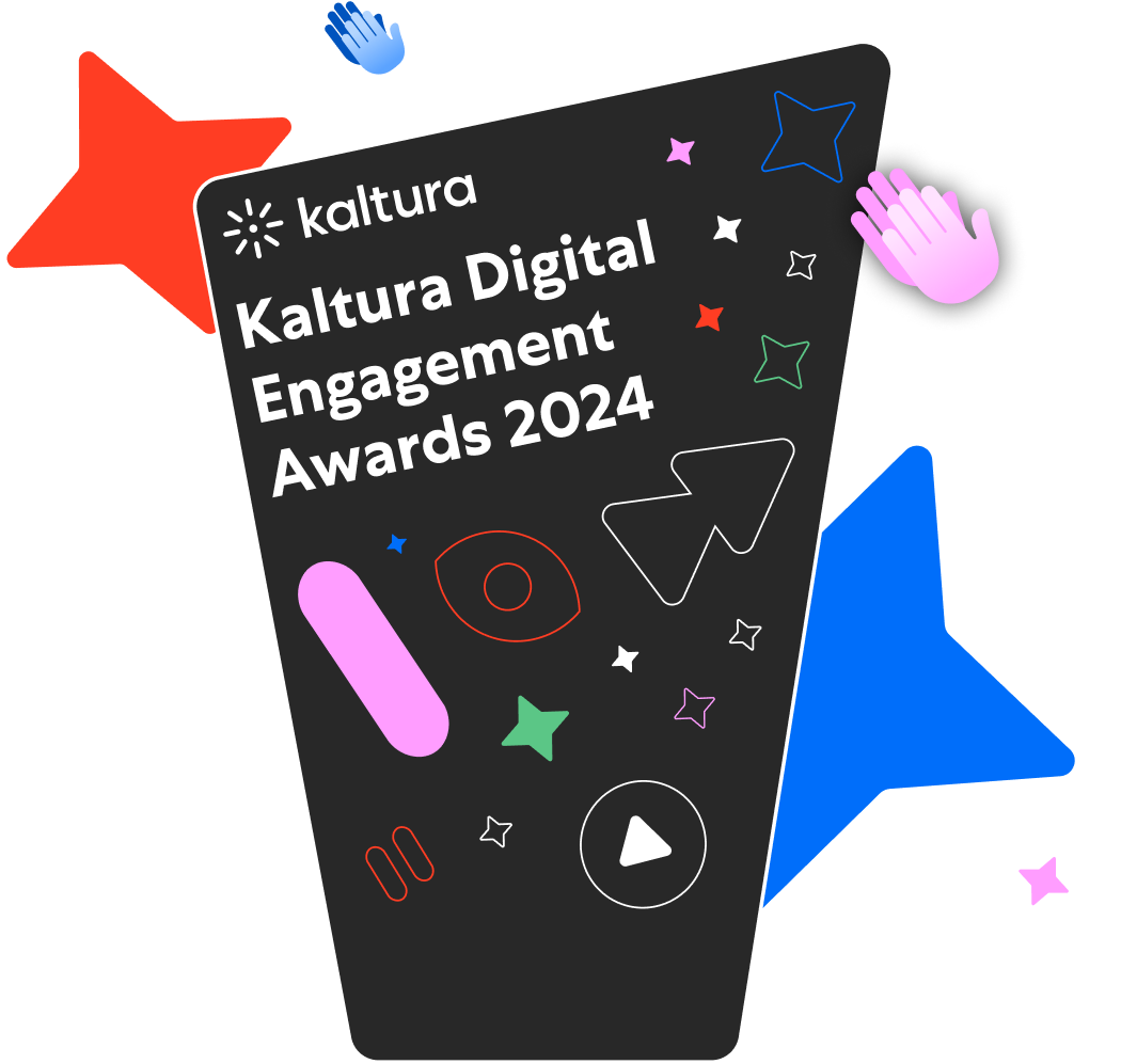 A graphic promoting the Kaltura Digital Engagement Awards 2024 with colorful stars, shapes, and icons surrounding the text.